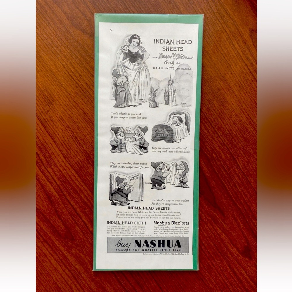 Vintage 1938 Print Ad Disney’s Snow White Nashua Mfg. Indian Head Cloth Sheets